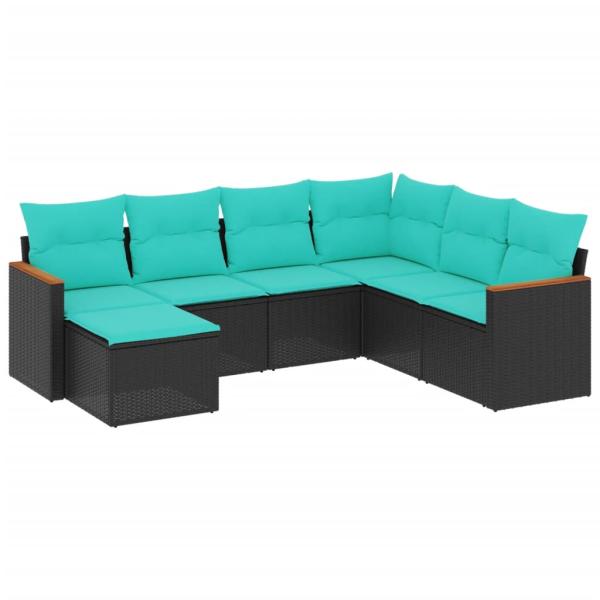 7-teiliges Gartensofa-Set mit Kissen, schwarzes Polyrattan