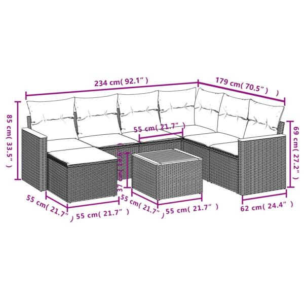 8-teiliges Gartensofa-Set mit Kissen, schwarzes Polyrattan