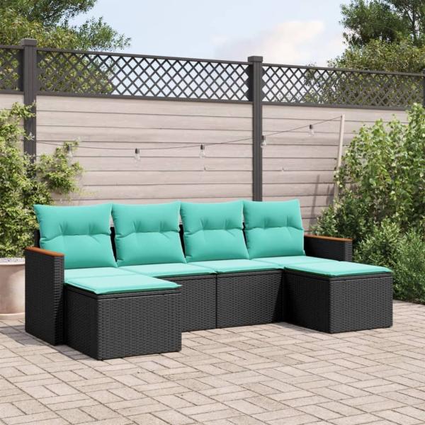 ARDEBO.de - 6-teiliges Gartensofa-Set mit Kissen, schwarzes Polyrattan