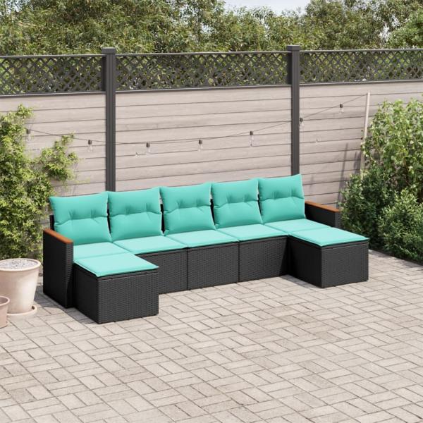 ARDEBO.de - 7-teiliges Gartensofa-Set mit Kissen, schwarzes Polyrattan