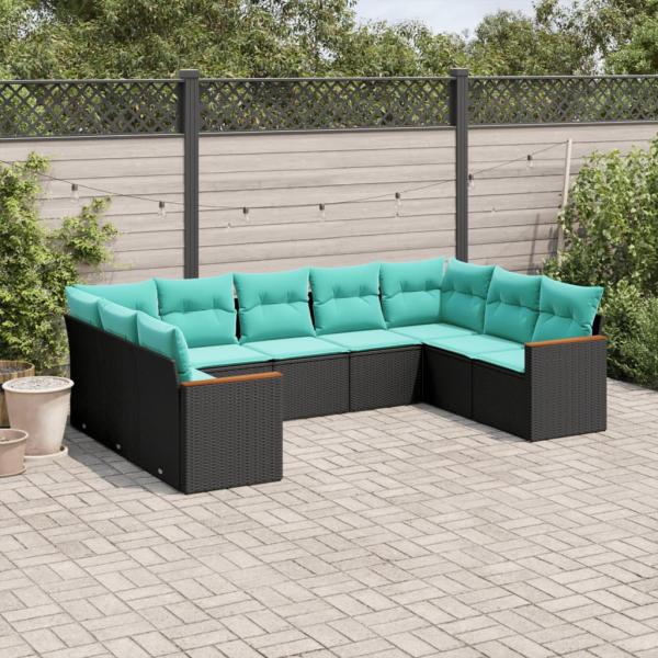 ARDEBO.de - 9-teiliges Gartensofa-Set mit Kissen, schwarzes Polyrattan