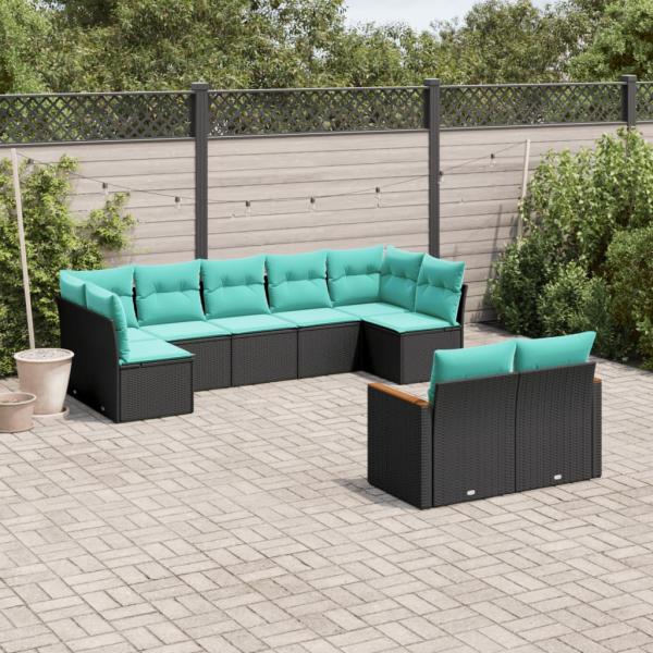 ARDEBO.de - 9-teiliges Gartensofa-Set mit Kissen, schwarzes Polyrattan