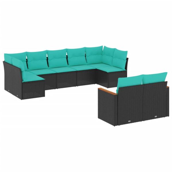 9-teiliges Gartensofa-Set mit Kissen, schwarzes Polyrattan