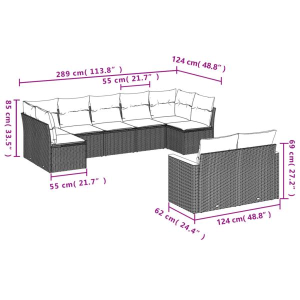 9-teiliges Gartensofa-Set mit Kissen, schwarzes Polyrattan