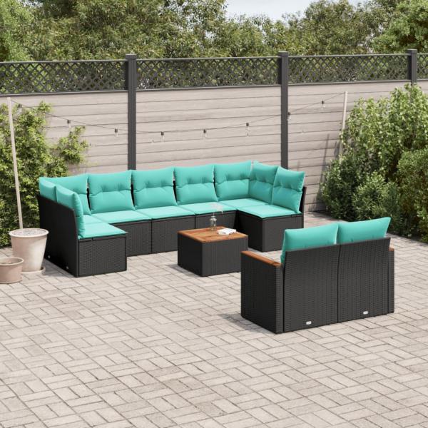ARDEBO.de - 10-teiliges Gartensofa-Set mit Kissen, schwarzes Polyrattan