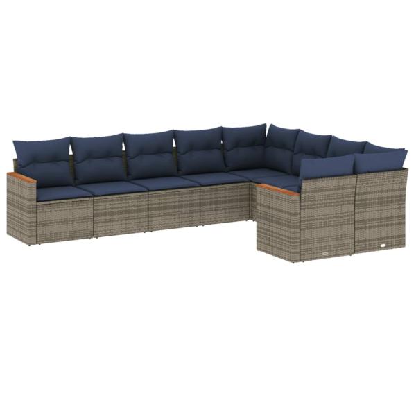 9-teiliges Gartensofa-Set mit Kissen, grau, Polyrattan