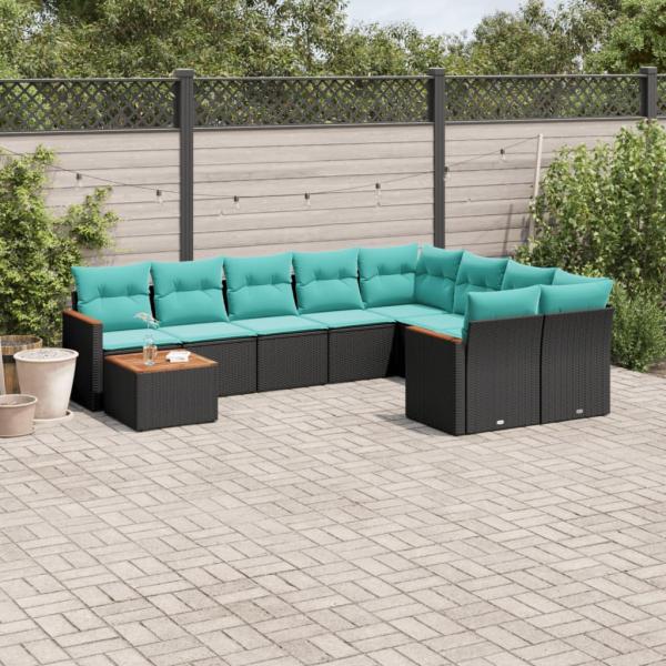 ARDEBO.de - 10-teiliges Gartensofa-Set mit Kissen, schwarzes Polyrattan