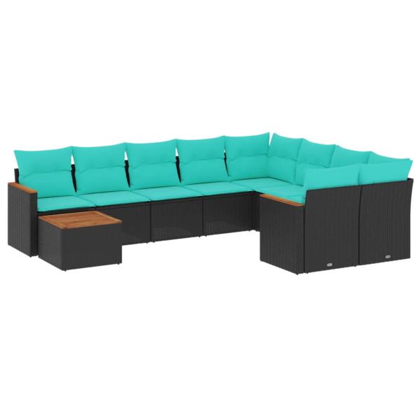 10-teiliges Gartensofa-Set mit Kissen, schwarzes Polyrattan