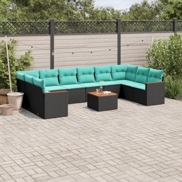 ARDEBO.de - 11-teiliges Gartensofa-Set mit Kissen, schwarzes Polyrattan