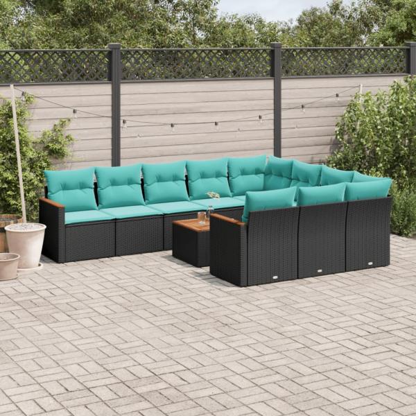 ARDEBO.de - 11-teiliges Gartensofa-Set mit Kissen, schwarzes Polyrattan