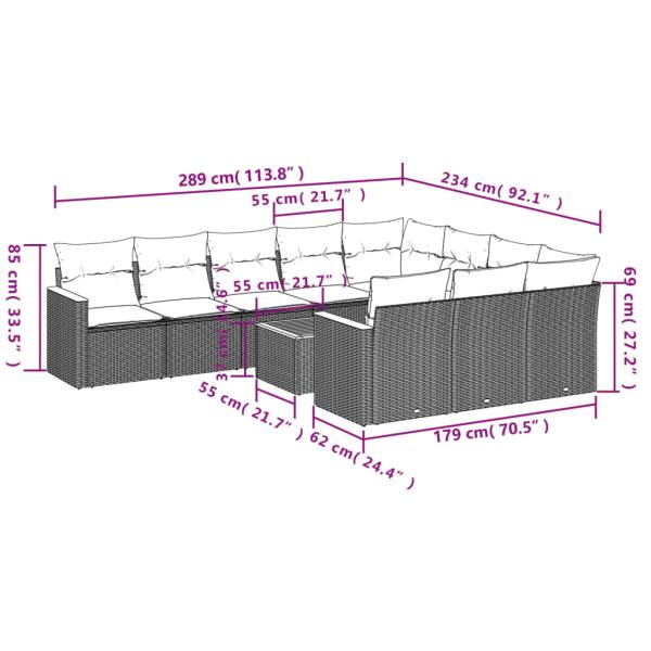 11-teiliges Gartensofa-Set mit Kissen, grau, Polyrattan