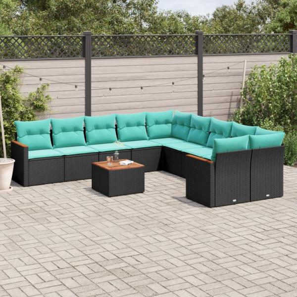 ARDEBO.de - 11-teiliges Gartensofa-Set mit Kissen, schwarzes Polyrattan