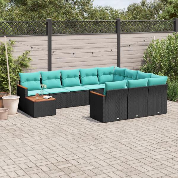 ARDEBO.de - 11-teiliges Gartensofa-Set mit Kissen, schwarzes Polyrattan