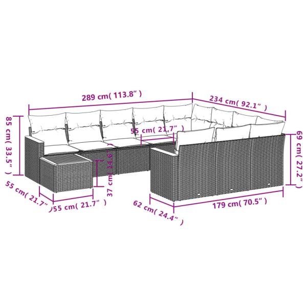 11-teiliges Gartensofa-Set mit Kissen, schwarzes Polyrattan