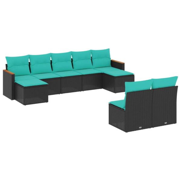 9-teiliges Gartensofa-Set mit Kissen, schwarzes Polyrattan