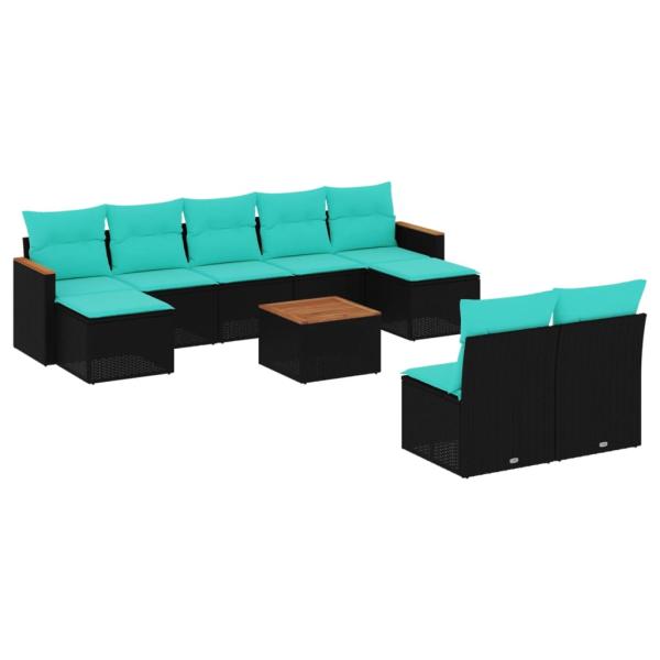 10-teiliges Gartensofa-Set mit Kissen, schwarzes Polyrattan