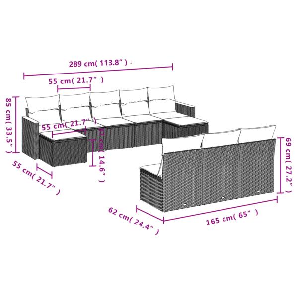10-teiliges Gartensofa-Set mit Kissen, schwarzes Polyrattan
