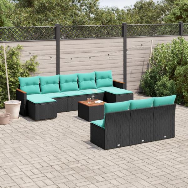 ARDEBO.de - 11-teiliges Gartensofa-Set mit Kissen, schwarzes Polyrattan