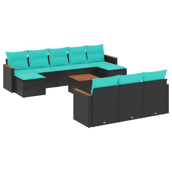 11-teiliges Gartensofa-Set mit Kissen, schwarzes Polyrattan