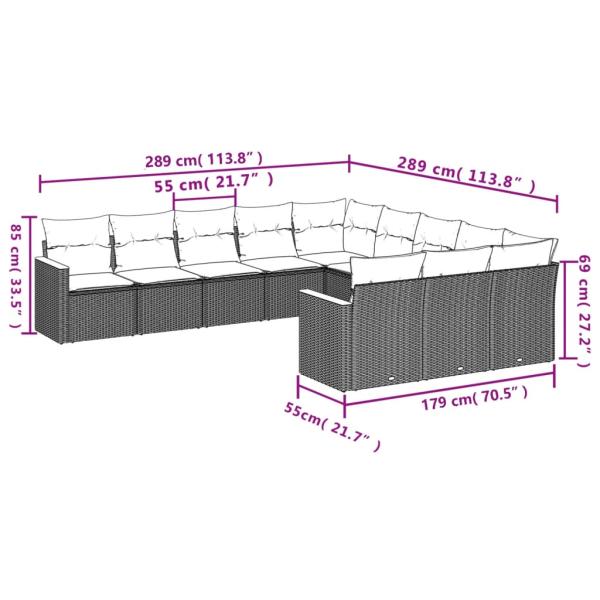 11-teiliges Gartensofa-Set mit Kissen, schwarzes Polyrattan