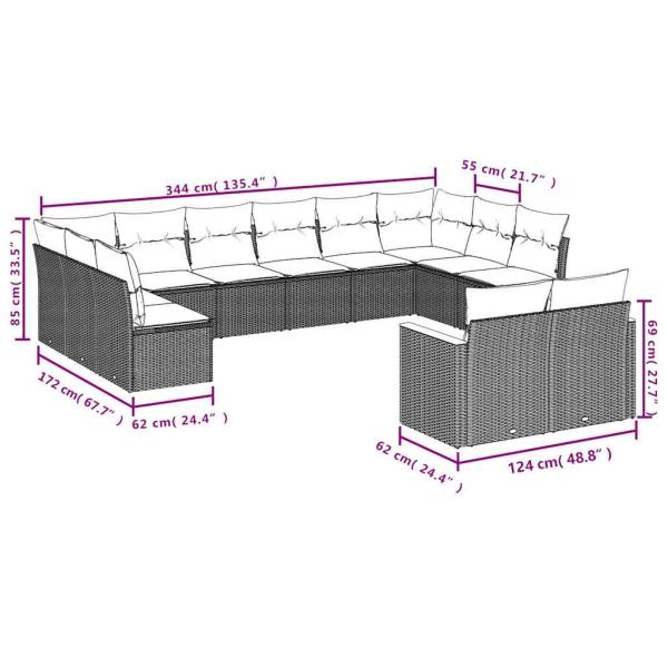 12-teiliges Gartensofa-Set mit Kissen, grau, Polyrattan