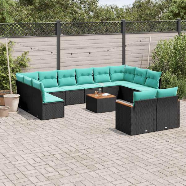 ARDEBO.de - 13-teiliges Gartensofa-Set mit Kissen, schwarzes Polyrattan