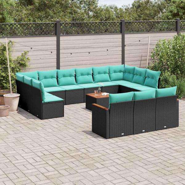 ARDEBO.de - 14-teiliges Gartensofa-Set mit Kissen, schwarzes Polyrattan