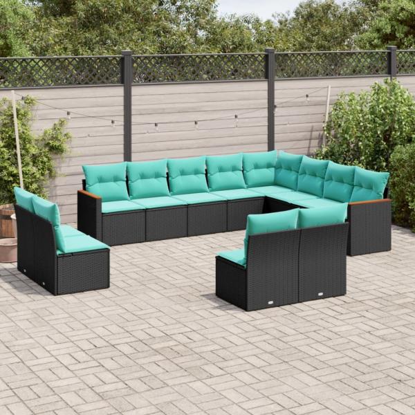 ARDEBO.de - 12-teiliges Gartensofa-Set mit Kissen, schwarzes Polyrattan