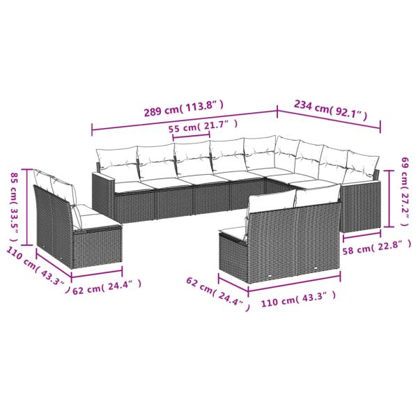 12-teiliges Gartensofa-Set mit Kissen, schwarzes Polyrattan