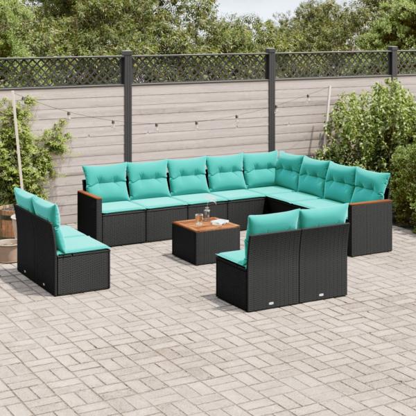 ARDEBO.de - 13-teiliges Gartensofa-Set mit Kissen, schwarzes Polyrattan