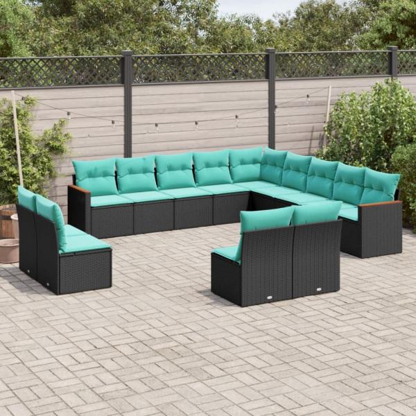ARDEBO.de - 13-teiliges Gartensofa-Set mit Kissen, schwarzes Polyrattan