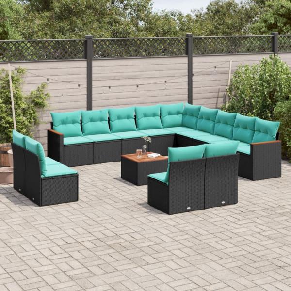 ARDEBO.de - 14-teiliges Gartensofa-Set mit Kissen, schwarzes Polyrattan
