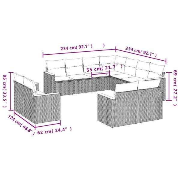 11-teiliges Gartensofa-Set mit Kissen, schwarzes Polyrattan