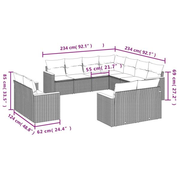 11-teiliges Gartensofa-Set mit Kissen, grau, Polyrattan