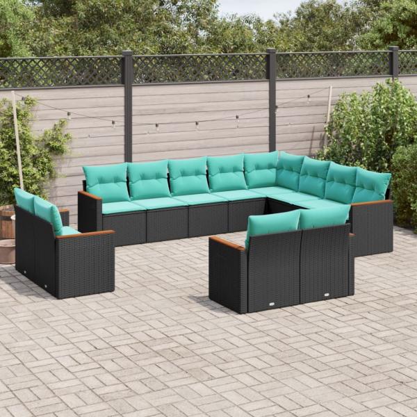 ARDEBO.de - 12-teiliges Gartensofa-Set mit Kissen, schwarzes Polyrattan