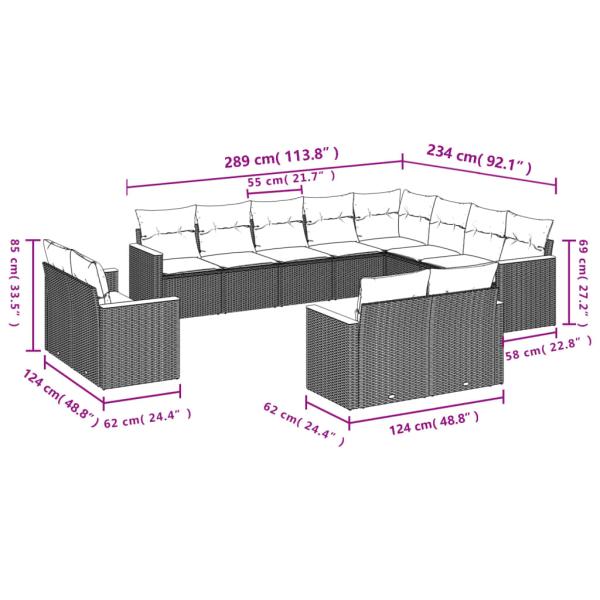 12-teiliges Gartensofa-Set mit Kissen, grau, Polyrattan