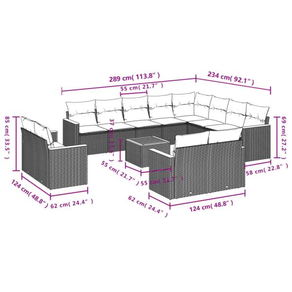13-teiliges Gartensofa-Set mit Kissen, grau, Polyrattan