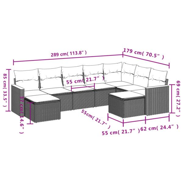 9-teiliges Gartensofa-Set mit Kissen, schwarzes Polyrattan