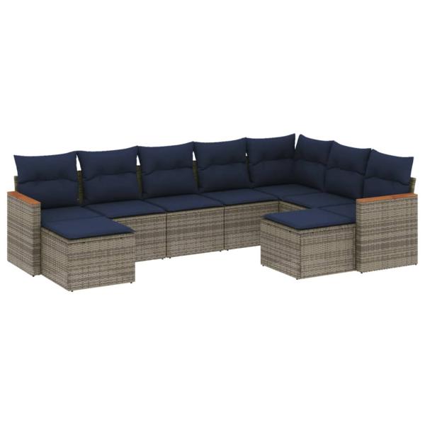 9-teiliges Gartensofa-Set mit Kissen, grau, Polyrattan