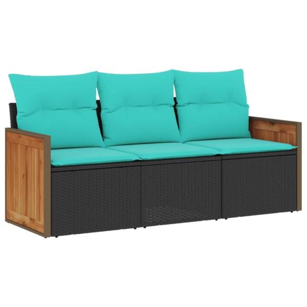 3-teiliges Gartensofa-Set mit Kissen, schwarzes Polyrattan