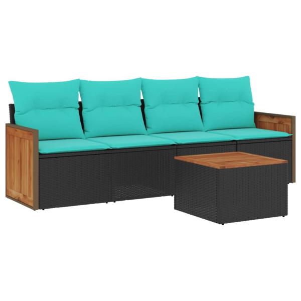 5-teiliges Gartensofa-Set mit Kissen, schwarzes Polyrattan