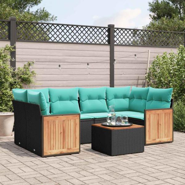 ARDEBO.de - 7-teiliges Gartensofa-Set mit Kissen, schwarzes Polyrattan