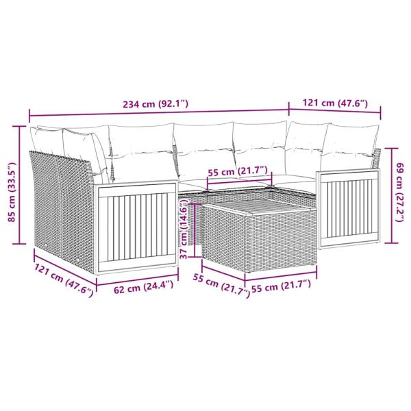7-teiliges Gartensofa-Set mit Kissen, schwarzes Polyrattan