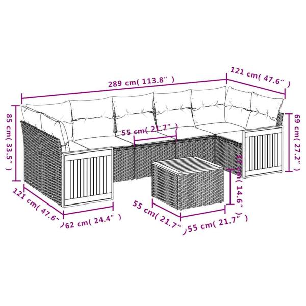 8-teiliges Gartensofa-Set mit Kissen, schwarzes Polyrattan