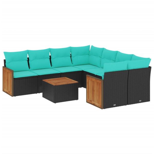 9-teiliges Gartensofa-Set mit Kissen, schwarzes Polyrattan