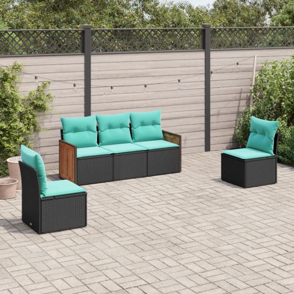 ARDEBO.de - 5-teiliges Gartensofa-Set mit Kissen, schwarzes Polyrattan