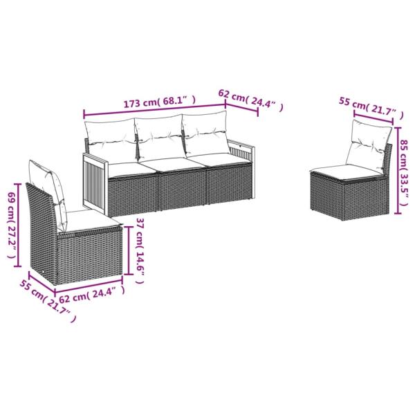5-teiliges Gartensofa-Set mit Kissen, grau, Polyrattan