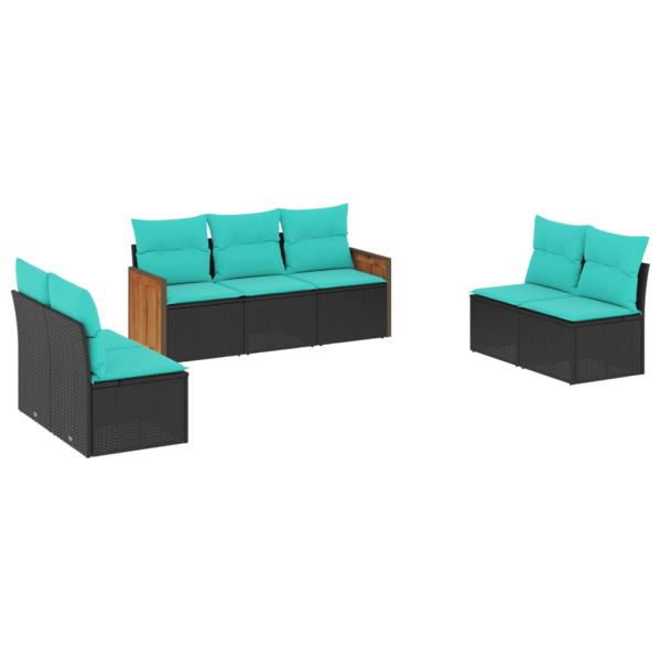 7-teiliges Gartensofa-Set mit Kissen, schwarzes Polyrattan