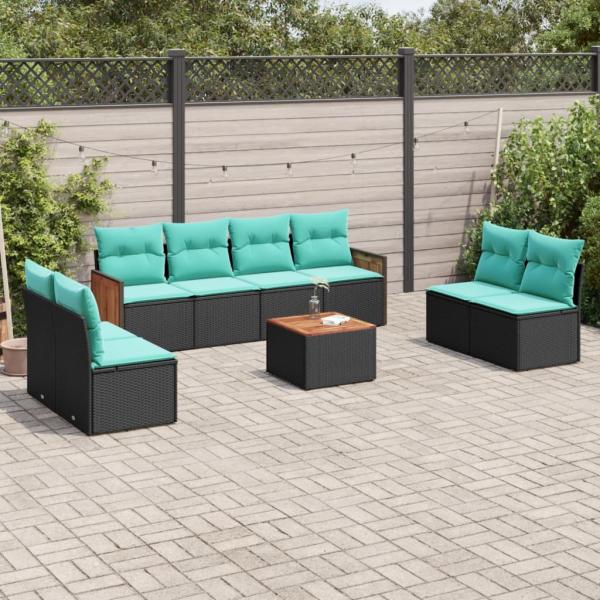 ARDEBO.de - 9-teiliges Gartensofa-Set mit Kissen, schwarzes Polyrattan