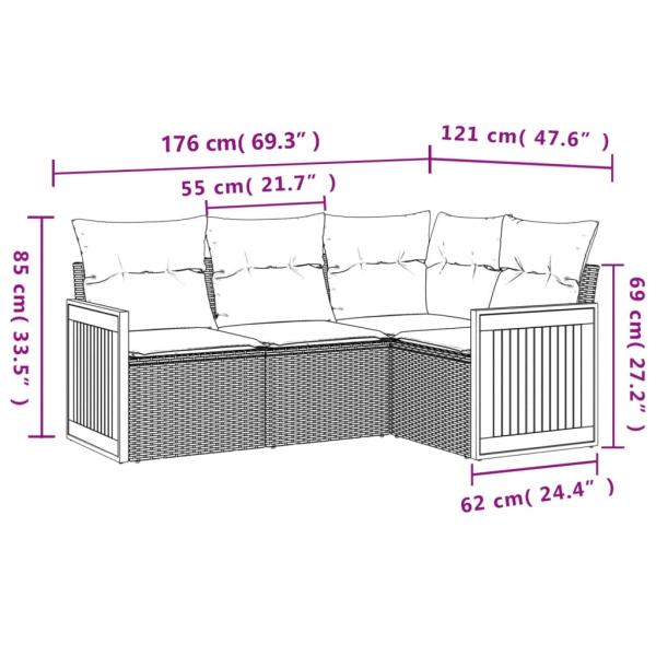 4-teiliges Gartensofa-Set mit Kissen, grau, Polyrattan